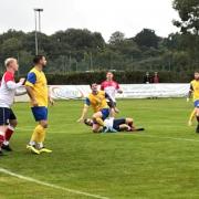 Goalmouth action from the Newport v Fawley game at Beatrice Avenue, East Cowes.