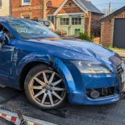 Damaged Audi after a two-car collision in Apse Heath