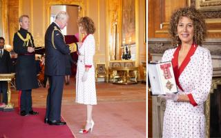 Dame Donna Langley receiving her damehood from Prince Charles.