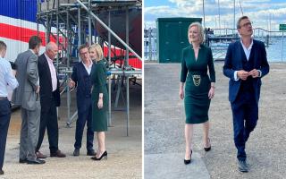 Liz Truss MP at Wight Shipyard with Bob Seely MP and Wight Shipyard CEO Peter Morton.