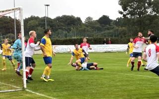 Goalmouth action from the Newport v Fawley game at Beatrice Avenue, East Cowes.