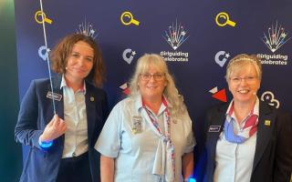 Angela, centre, is pictured at the Girlguiding event with chief guide Tracy Foster, right, and deputy chief guide Sally Kettle